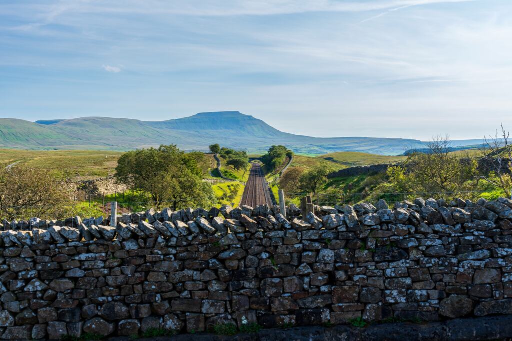 Stone walls and a fence line leading away across rough pasture towards the flat top of Ingleborough